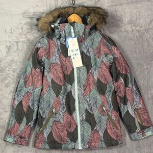 NWT New Roxy Girl Pink Green Leaves American Pie Faux Fur Hood Jacket Size 14